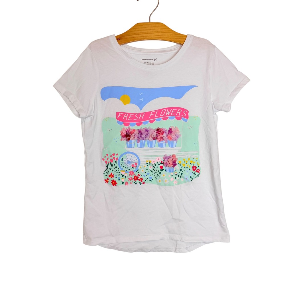Members Mark Girls White Fresh Flowers Graphic Tee Petal Accents Size L 10/12